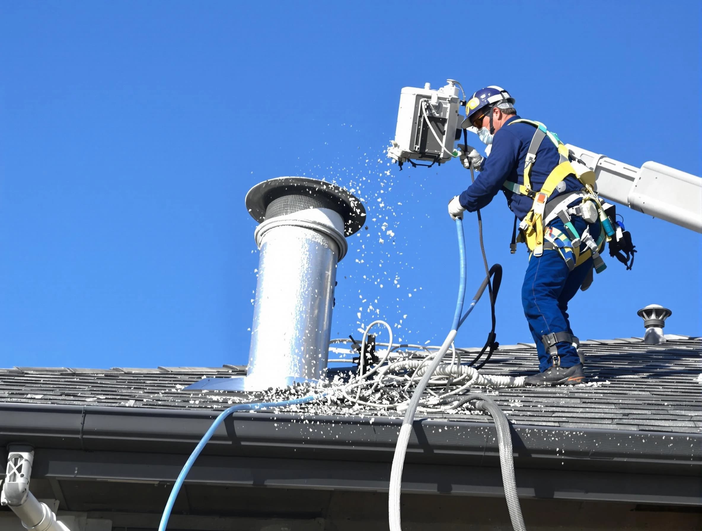 Lochbuie Dryer Vent Cleaning certified technician safely cleaning a roof-mounted dryer vent in Lochbuie