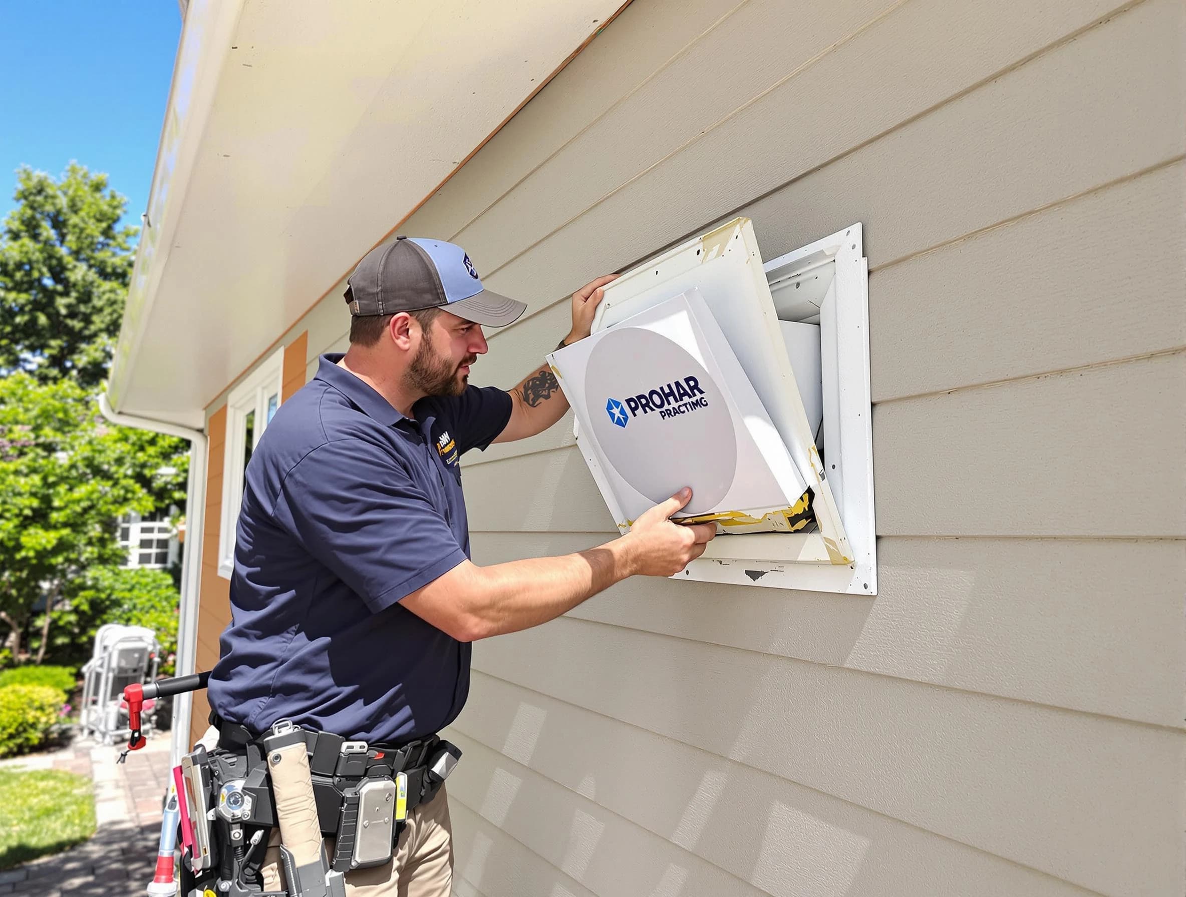 Lochbuie Dryer Vent Cleaning technician installing a new protective dryer vent cover on a home in Lochbuie